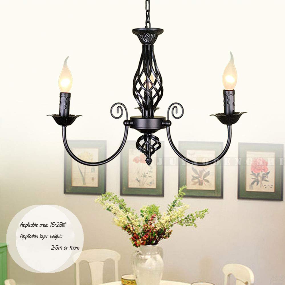 Lampadario Paralume Retrò Ristorante Luci Sospese Classica Hanging Lamp Regolabile in Altezza Della Candela E14 Ferro Battuto Ciondolo Luce, Lampade in Stile Rustico Salotto Semplice Ciondolo, Nero 3