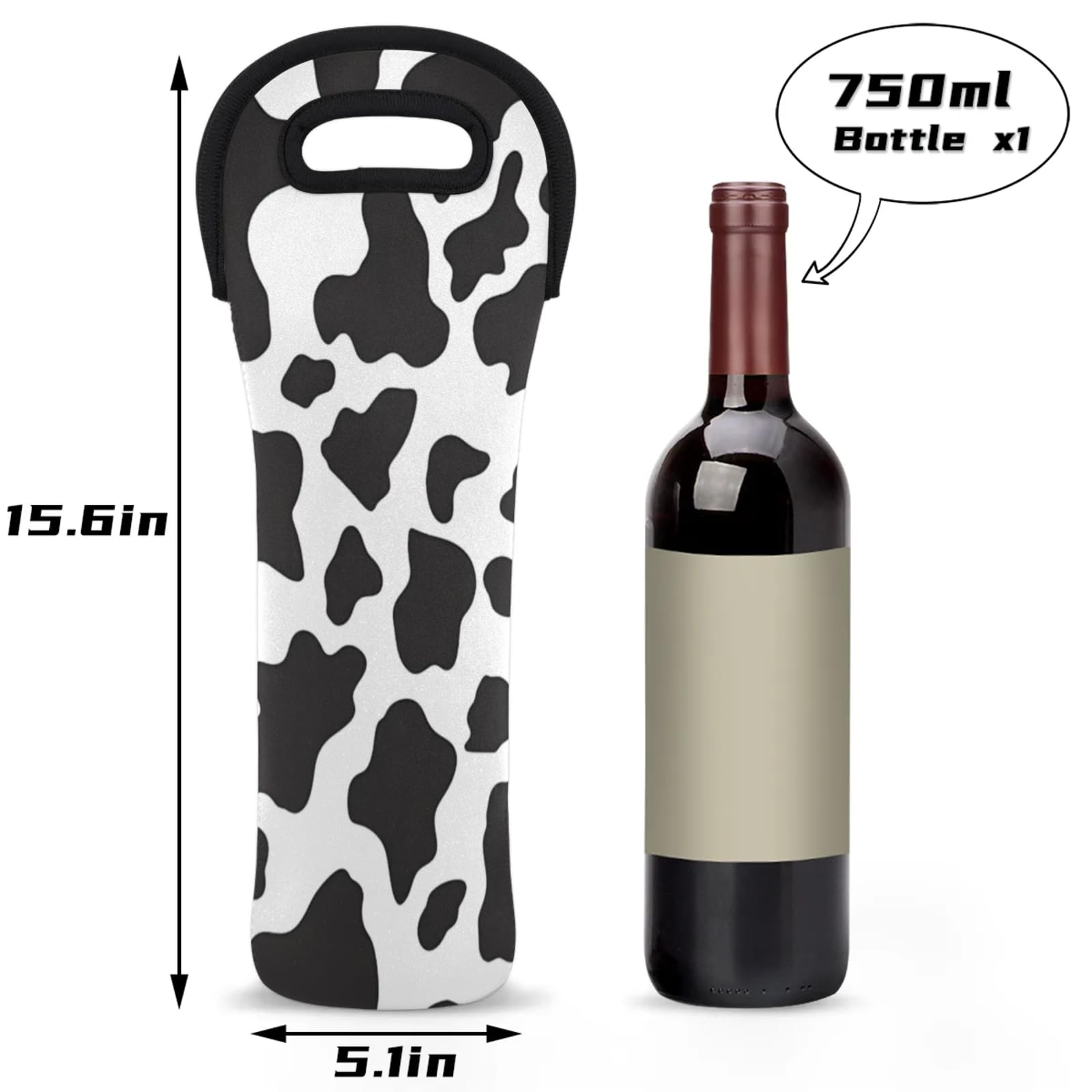 Neoprene Wine Tote Carrier Bag for Wine,Water, Champagne, Beer, Baby Bottles 15.6 x 5.1 Inches, Protective Wine Bag,Cow