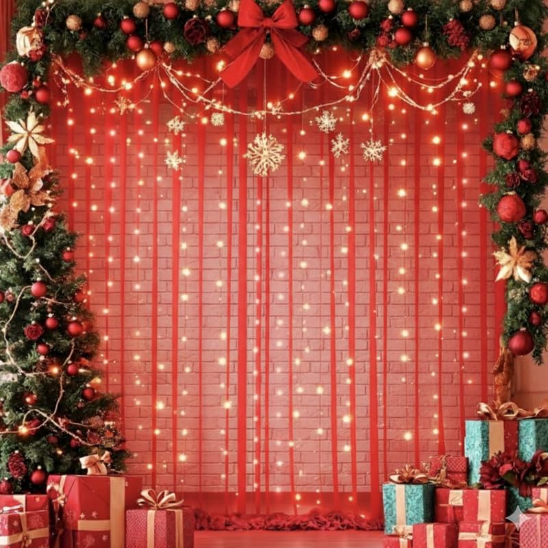 Image of Shimmers 5 Pc Decoration Kit with 2 Red Net Curtains (4x8 FT), Fairy String, 2 Hooks for Ganpati Decor Backdrop, Photo Booth & Home Decoration Setup