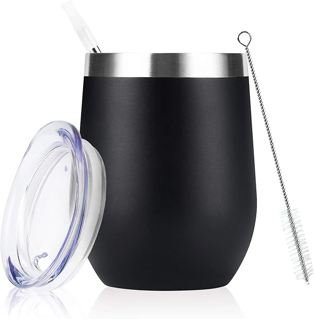 12oz Insulated Stainless Steel Wine Tumbler with Lid and Straw, Double Walled Wine Glass Tumbler Gift for Women, Great for Hot & Cold Drinks -Wine, Champagne, Coffee, Ice Cream