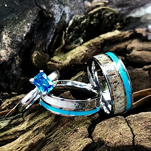 3 pc Natural Deer Antler Ring with Turquoise Inlay Engagement ring Mens Womens Wedding Ring Set Stainless Steel Sterling Silver Band3