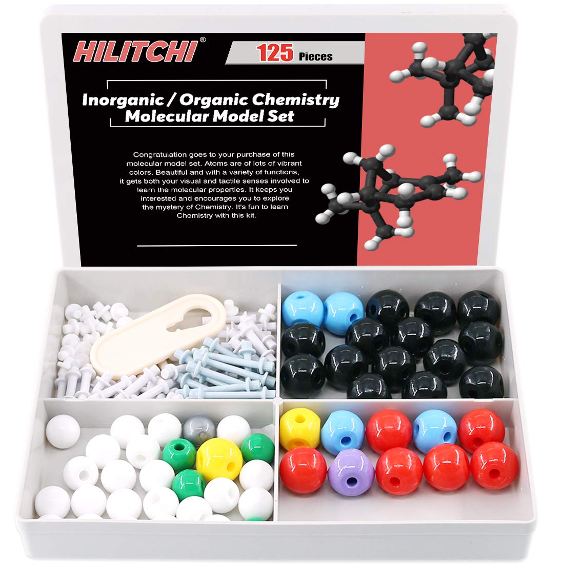 Hilitchi 125Pcs Chemistry Molecular Model Kit Teaching Aid for Schools Molecule Model Set Inorganic Organic Chemistry (54 Atoms & 70 Links & Short Link Remover Tool)