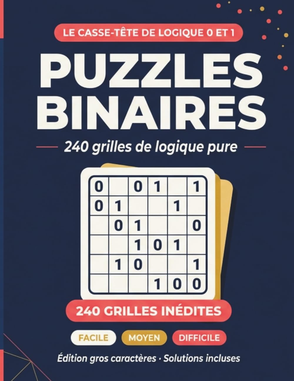Puzzles Binaires: 240 grilles de logique 0 et 1 | 3 niveaux progressifs | Gros caractères | Solutions incluses | Casse-tête adultes et seniors
