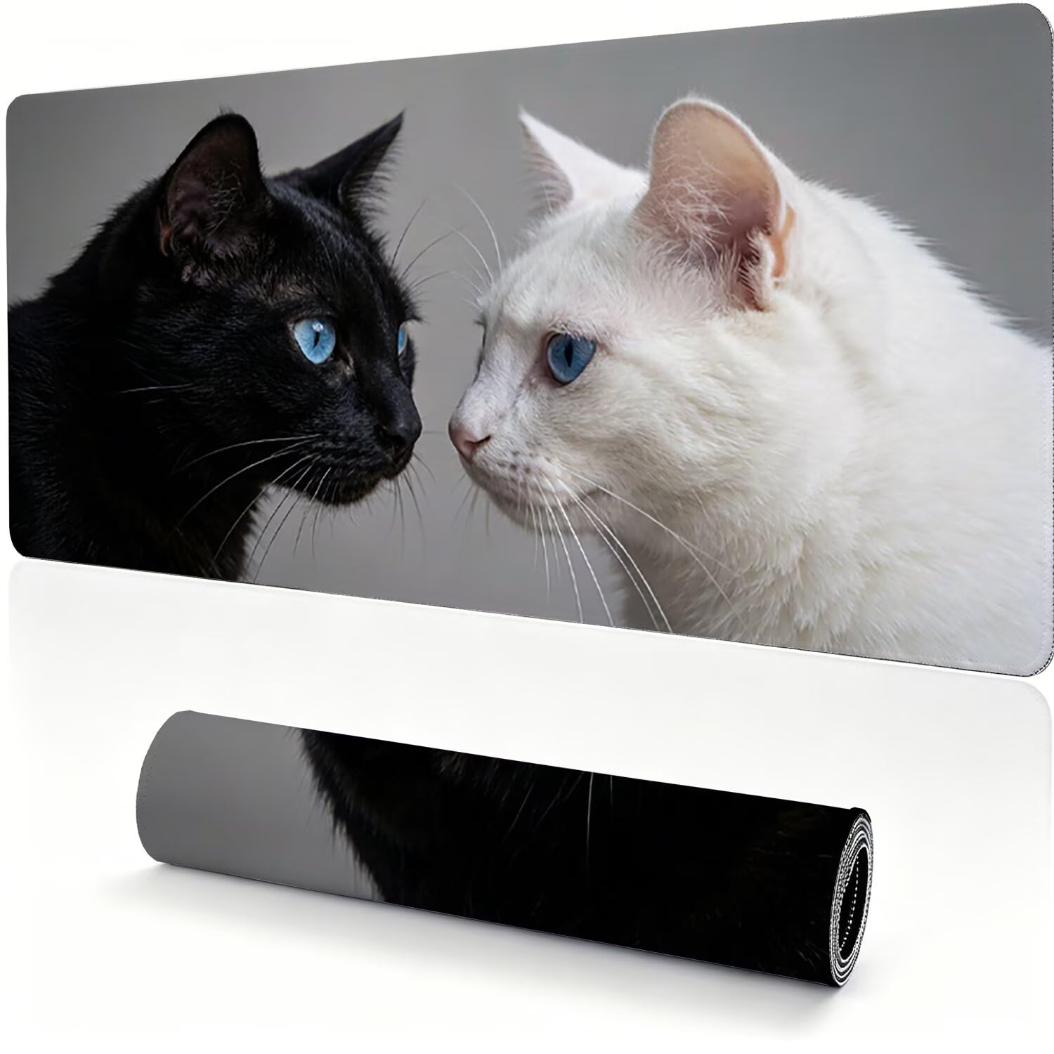 Tappetino Mouse Gaming XXL, Mousepad 1200x600x4mm bianco nero gatto 0x0-209 | Tappetino Scrivania con Base in Gomma Antiscivolo Bordi Cuciti per Computer, PC, Migliora la Precisione e la Velocità