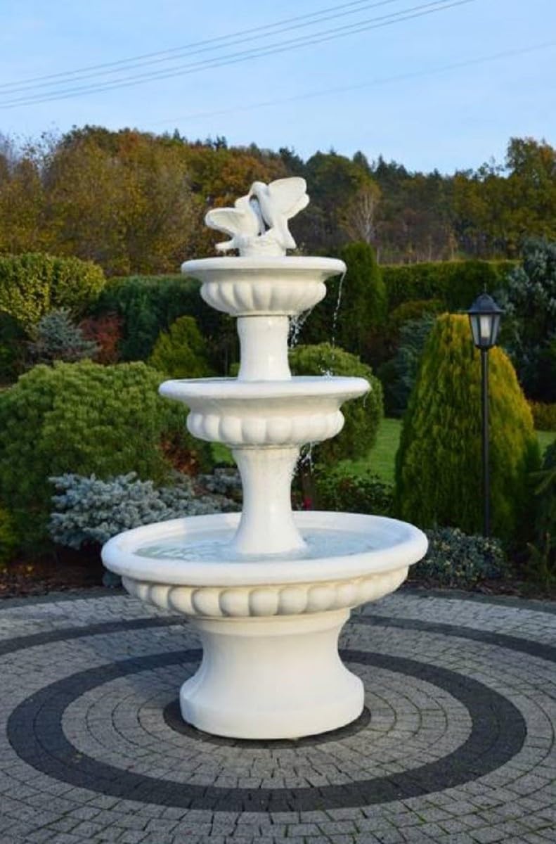 Casa Padrino Fontana Barocco con 2 Colombe Decorative Bianco Ø 120 x A. 186 cm - Magnifica Fontana da Giardino in Stile Barocco - Fontana Rotonda da Giardino in Pietra - Accessori da Giardino
