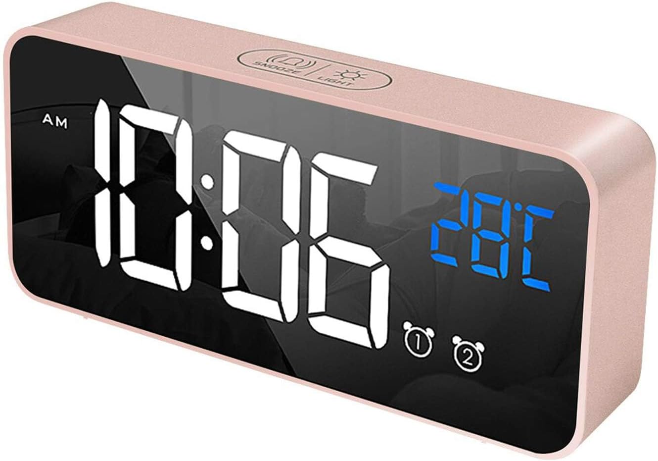 Digital Alarm Clock with Big LED Temperature Display, Portable Mirror Alarm with Dual Alarm Snooze Time 4 Levels Adjustable Brightness Dimmer 10 Music USB Charging Port for Bedside, Bedroom