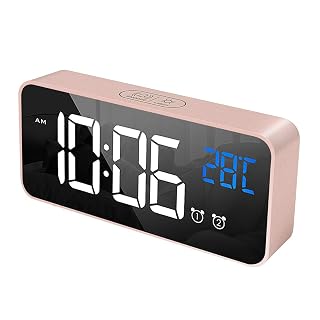 Réveil Numérique avec Grand Affichage de la Température LED, Alarme de Miroir Portable avec Double Alarme Roupillon Temps Gradateur de Luminosité Réglable sur 4 Niveaux (Rose)