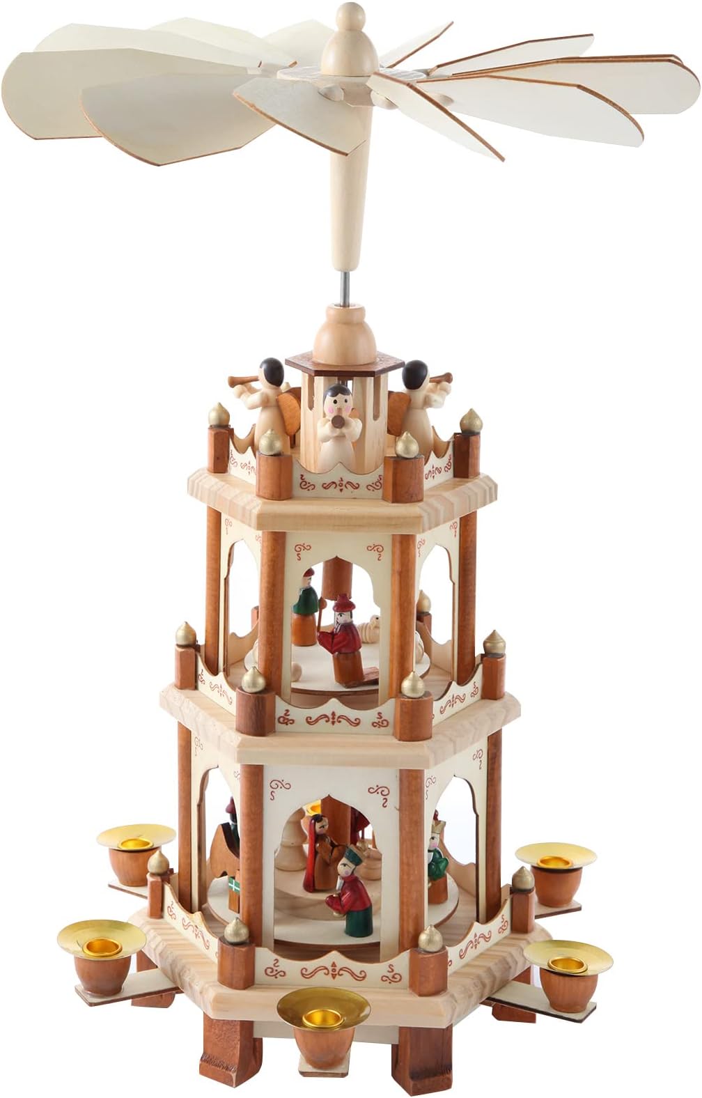 18 Inch Christmas Decoration Wooden Christmas Pyramid with Candle Holders - 3 Tiers - Hand Painted Nativity Figurines (Wooden Nature Color)