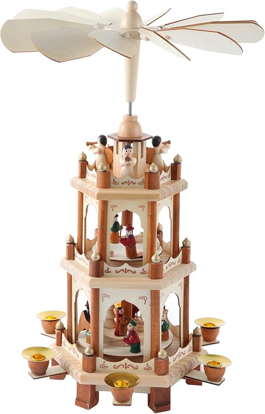 18 Inch Christmas Decoration Wooden Christmas Pyramid with Candle Holders - 3 Tiers - Hand Painted Nativity Figurines (Wooden Nature Color)