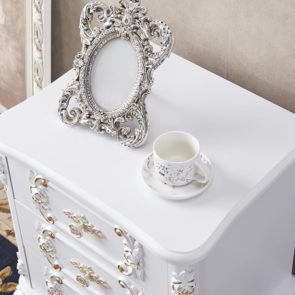 Comodino in Stile provenzale Francese, con Motivo Floreale in Legno e 2 cassetti, Ideale per Camera da Letto e Soggiorno (Bianco e Argento).