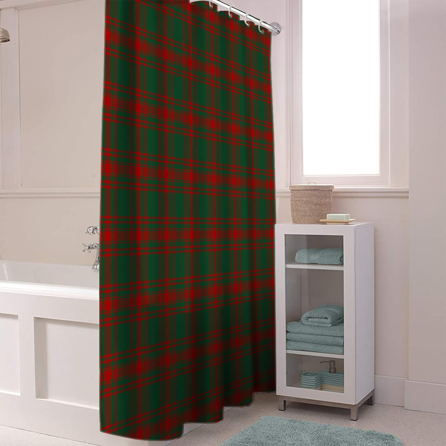 LooPoP Christmas Shower Curtain Set, Red Green Plaid Bath Shower Curtain with Hooks Waterproof Polyester Fabric Shower Curtains for Bathroom Holiday Xmas Decorations Farmhouse Style 54x78 Inch