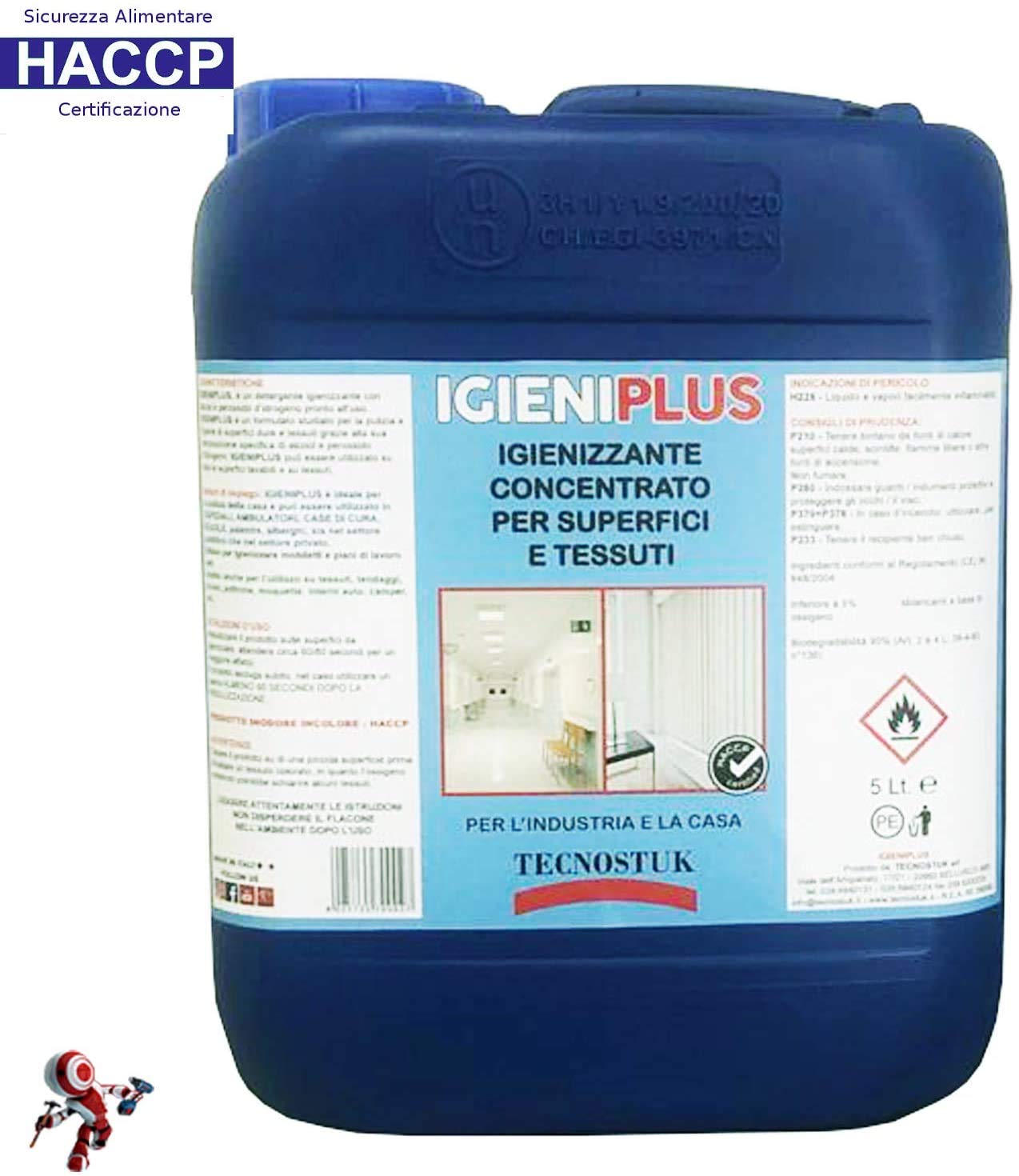 Igienizzante superfici con alcool spray HACCP IGIENIPLUS detergente | con alcool e perossido d’idrogeno pronto all’uso per la pulizia e l’igiene di superfici dure e tessuti (5 LITRI)