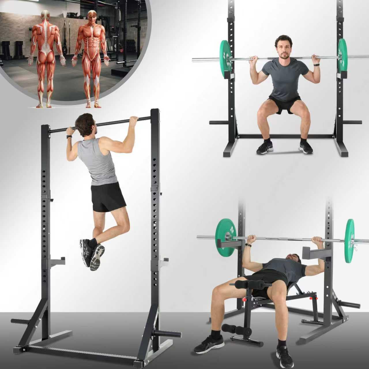 ISE Rack Musculación, Jaula Musculacion, estructura de acero estable, Rack Sentadillas ajustable para entrenamiento de fuerza de 23 posiciones, Power Rack con maquina dominadas en casa