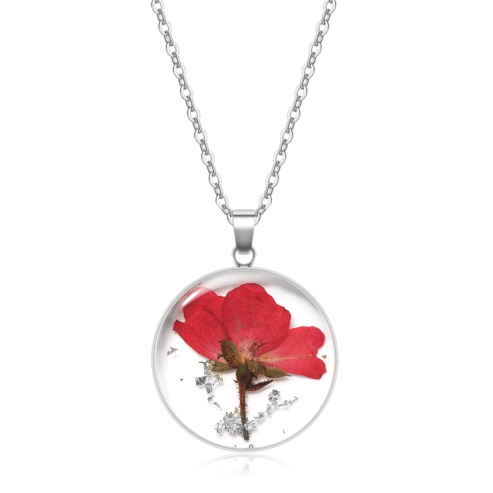 Birth Flower Necklace Silver For Women - Rose June Month Flower Necklace - Handmade Pressed Flower Necklace - Unique Holiday Gift - 18"