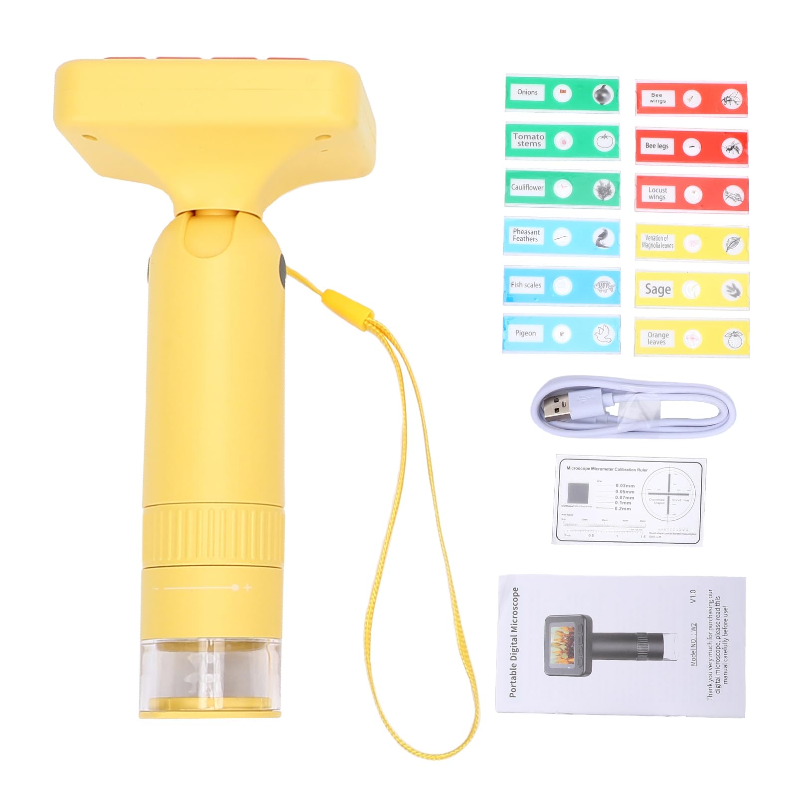 Microscopio Digitale per Bambini 1000X 1080P Portatile Portatile con 12 Diapositive Giocattolo Educativo Scientifico per Bambini (W2 Giallo Senza scheda MicroSD)