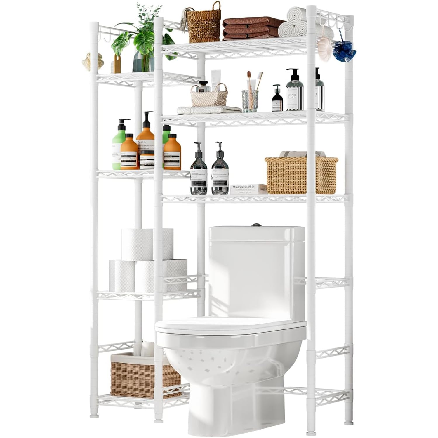 WC-Regal mit verstellbaren Regalen, Badezimmer-Regal über der Toilette, freistehend, über WC-Organizer, Metallregal für Waschküche, Badezimmer, Weiß, 80 cm T x 24 cm B x 160 cm