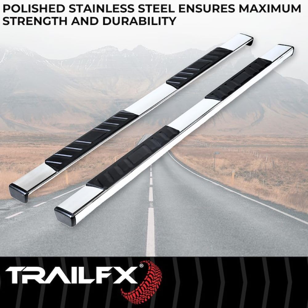 Trailfx Side Step Bars Fits 2020–2021 Chevrolet Silverado 1500 4 Inch Trapezoid Straight Nerf Bars with Step Pads Polished T304 Stainless Steel Rocker Panel Mount Set of 2 A4018S