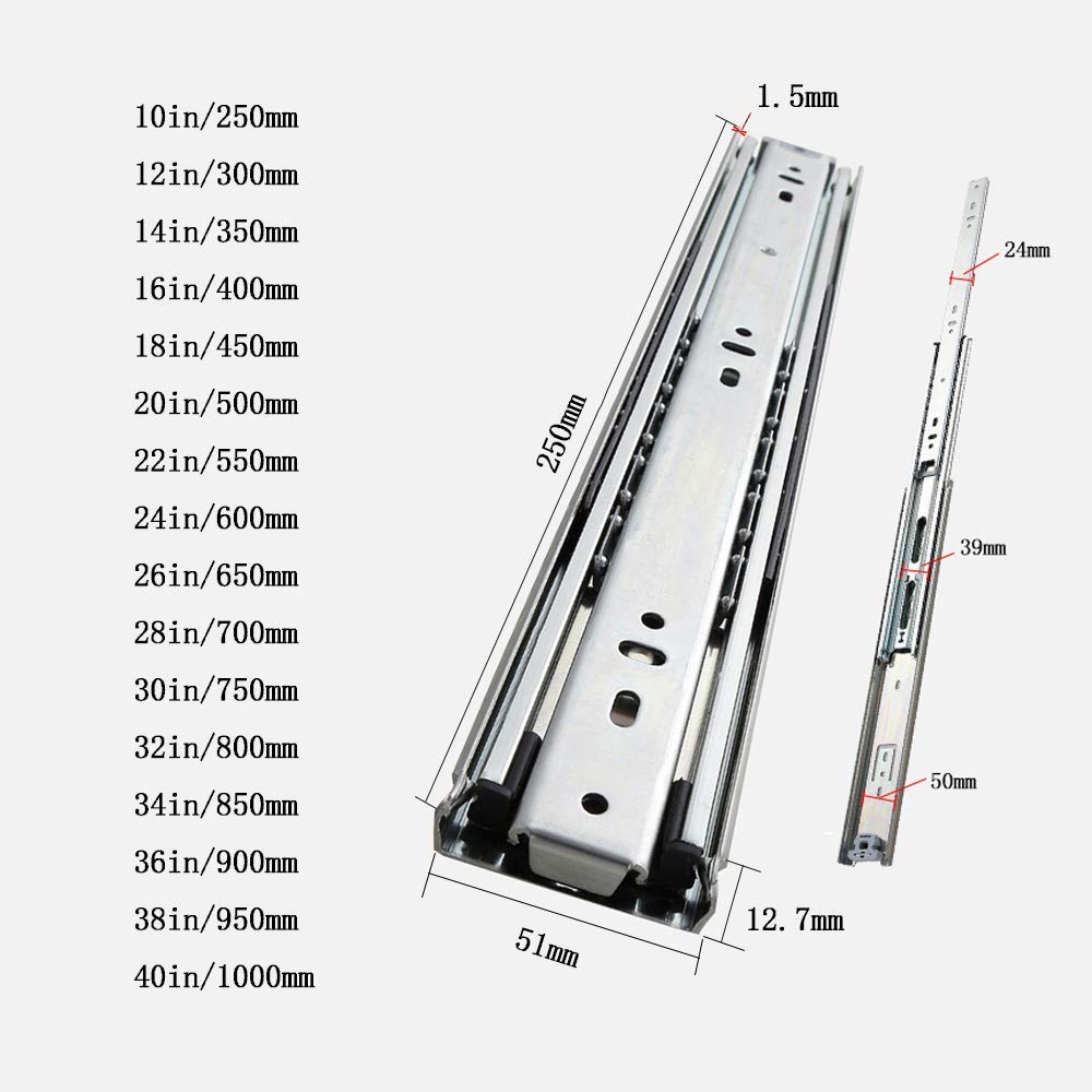 SWAYVES Guida per Cassetti Push To Open, Guida per Cassetti ad Estrazione Totale, Guida Industriale Larga 51 Mm, Guide per Cassetti per Carichi Pesanti in Acciaio Laminato Ado/Sier/30In/750Mm