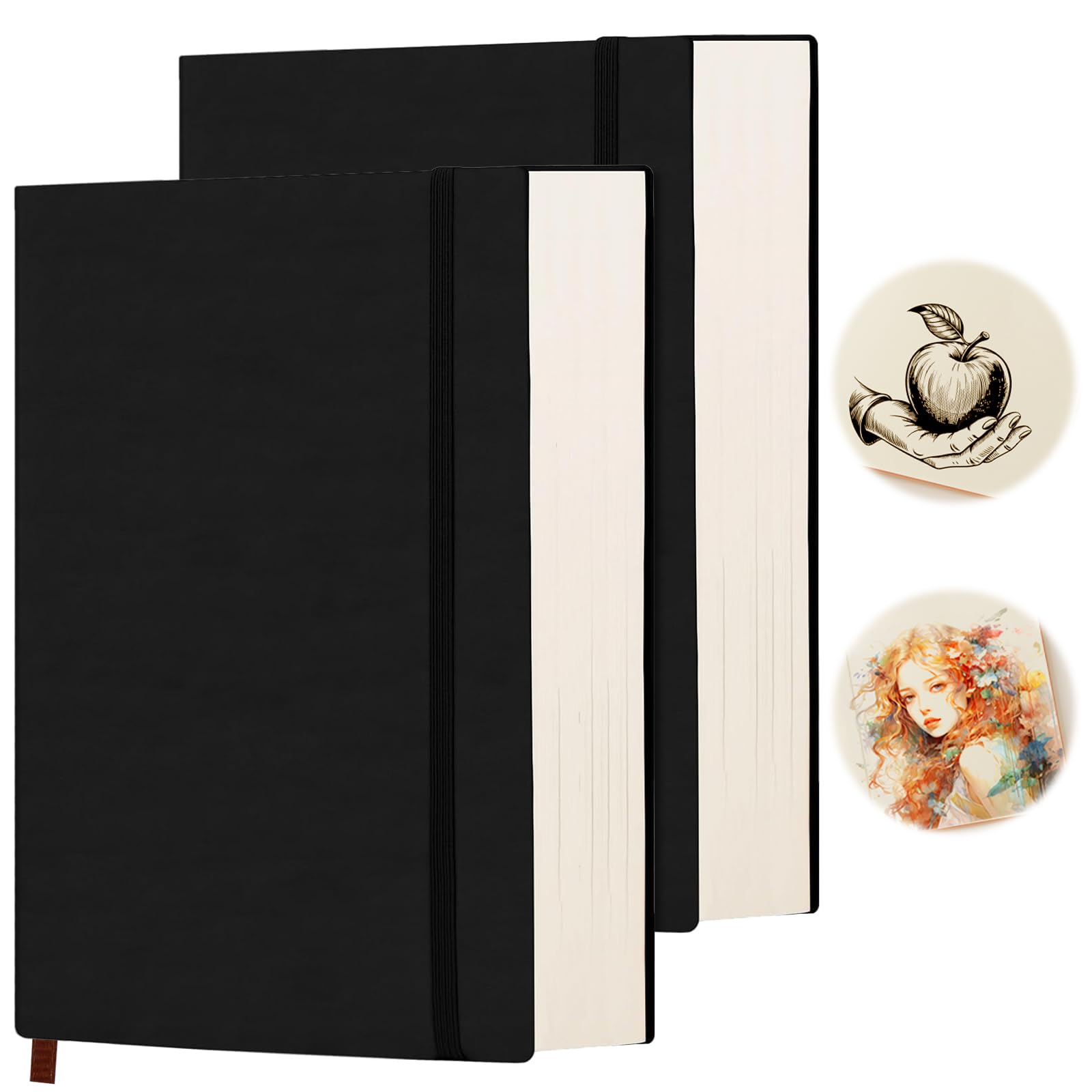 2pcs Sketchbook, A5 Blank Paper Sketchbook, Thickened Notebook 720 Pages,120GSM, Waterproof Soft Leather Cover, for Drawing, Illustration Soft Leather, for Drawing, Illustration (Black + Black )