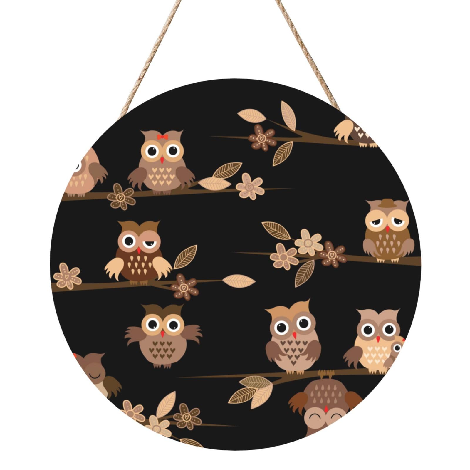 InOmak Cute Brown Cartoon Owls, Round Wood Panel Painting 12 in, Wall Hanging Painting For Home
