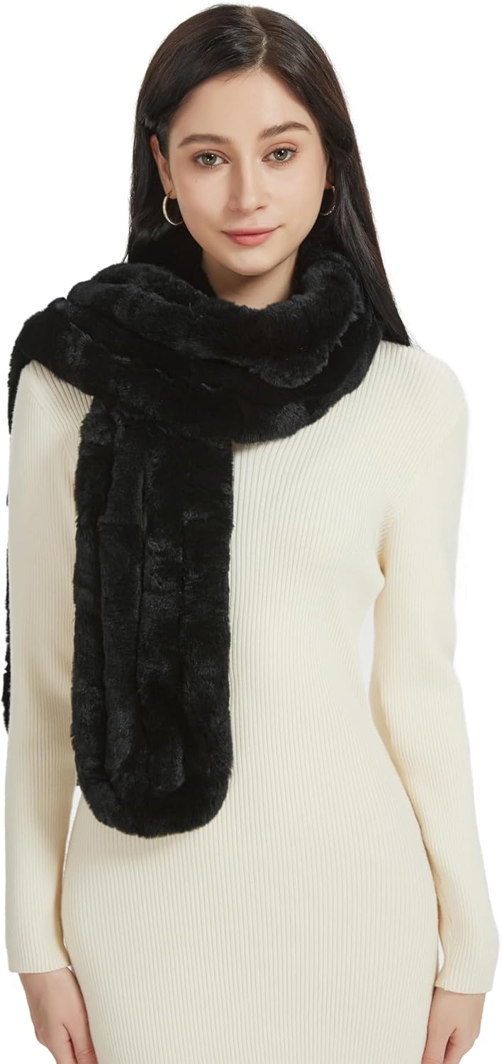 Fur Story Women's Rex Rabbit Fur Winter Scarf Knitted Chunky Fashion Ladies Scarves Silver Black Brown