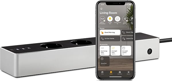 Eve Energy Strip – inteligentna potrójna listwa zasilająca (niemiecka jakość marki) z pomiarem zużycia, ochroną przed przepięciem, certyfikatem TÜV, WiFi (pasmo 2,4 GHz), Apple HomeKit