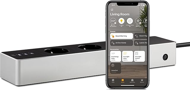Eve Energy Strip  inteligentna potrójna listwa zasilająca (niemiecka jakość marki) z pomiarem zużycia, ochroną przed przepięciem, certyfikatem TÜV, WiFi (pasmo 2,4 GHz), Apple HomeKit