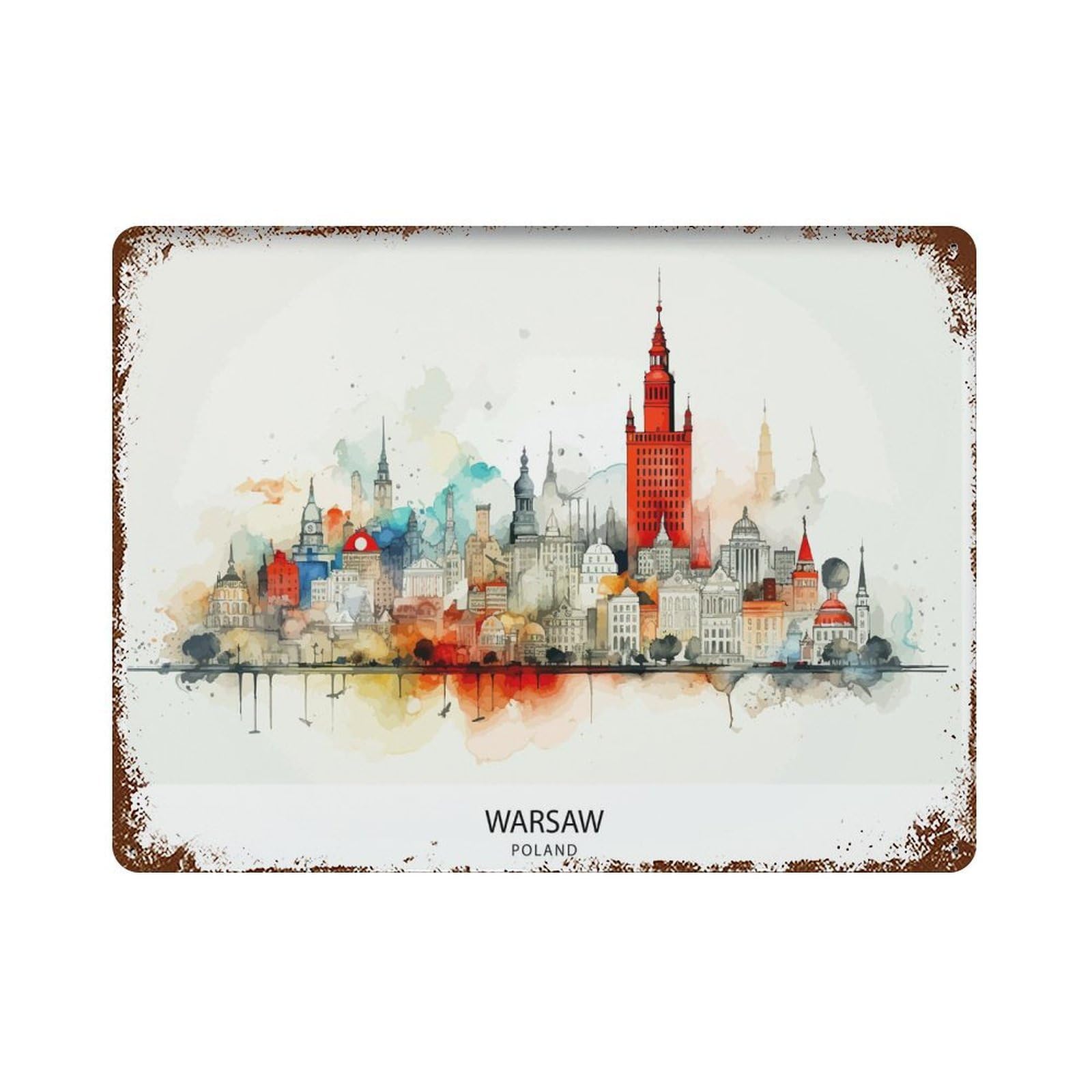 Warsaw Skyline Poland Modern Cityscape Polish Capital Urban Landscape Historical Monuments Wall Decor Art Metal Tin Poster Modern Home Decor Art Home Bar Shop Decorations Vintage Sign 30x40cm