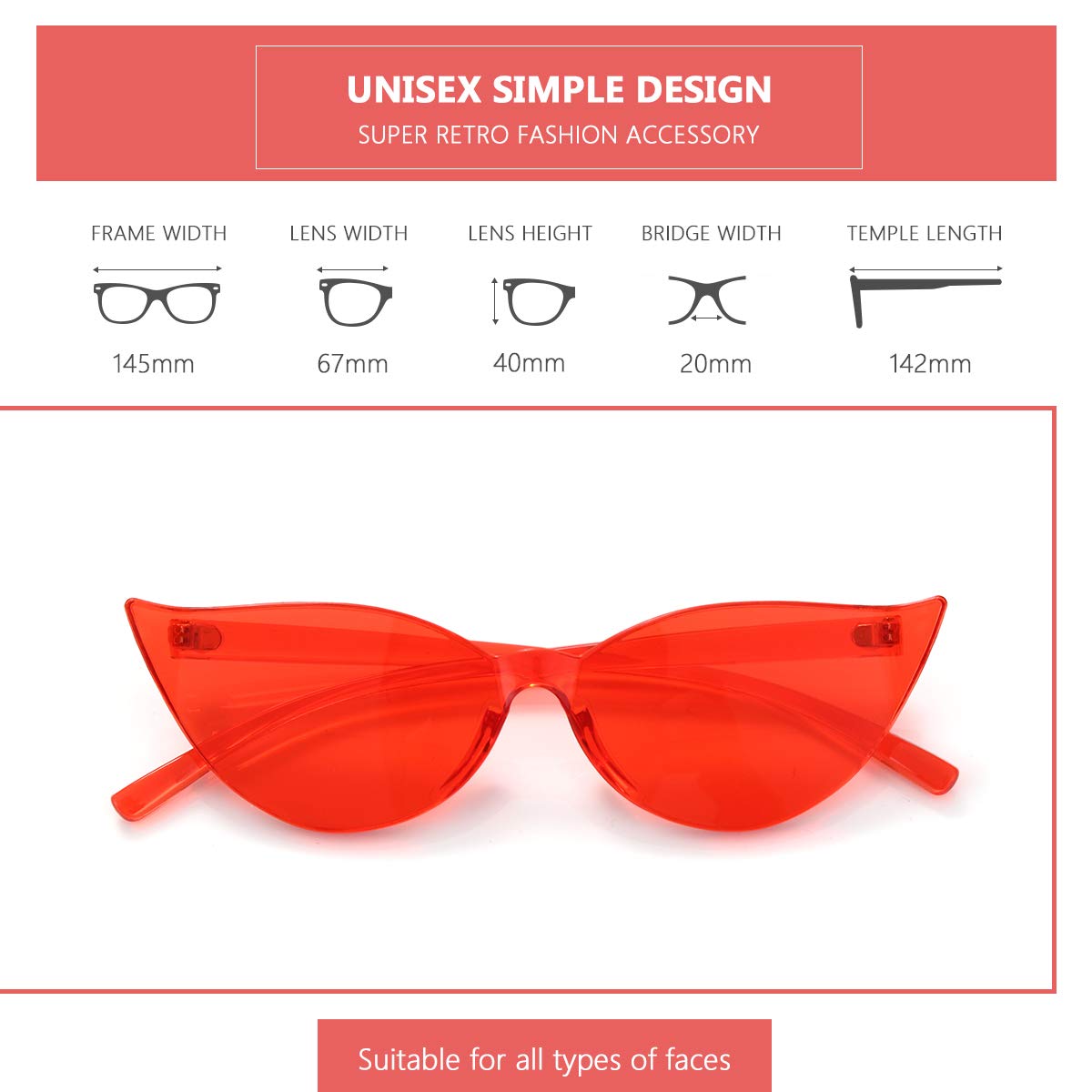 Katzenaugen-Sonnenbrille, randlos, übergroß, einteilig, farbig, transparent, Retro-Brille für Damen und Herren