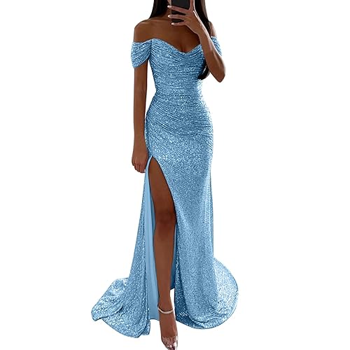 Générique Robe de Soirée Cocktail Femme Élégante Col V à Paillettes Robe Longue Sexy Slim Robe Fendues à Sequins Mode Maxi Dress - L - Bleu
