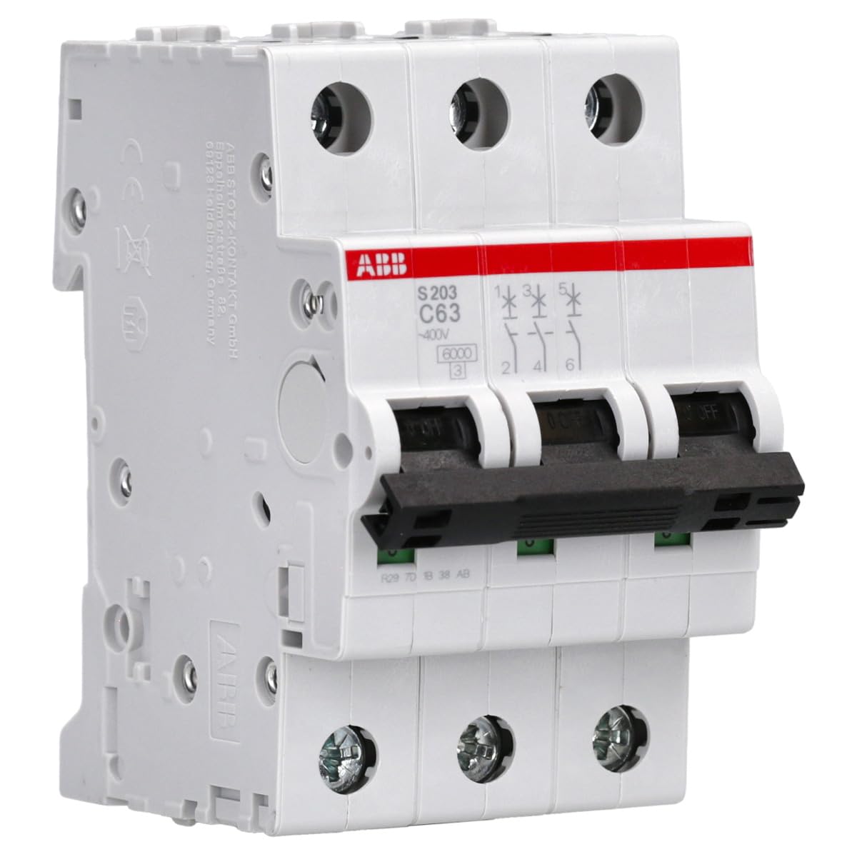 S203-C63 Miniature Circuit Breaker, 3 Pole, Type C, 6/10kA Breaking Capacity, 63 Amp Current (2CDS253001R0634)