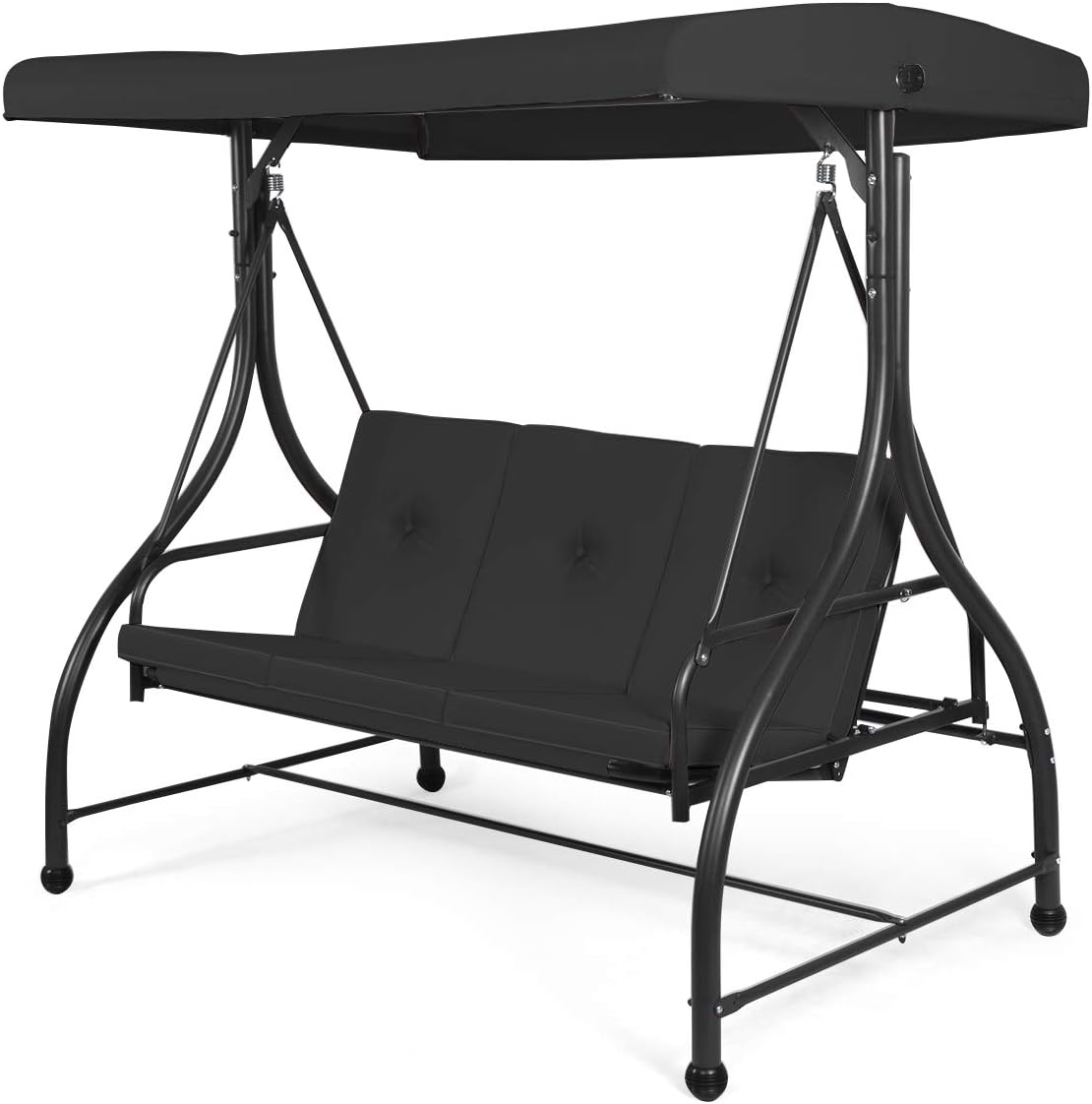 COSTWAY 3 Seater Garden Swing Chair, Convertible Outdoor Hammock Bench Chair with Adjustable Canopy and Cushions, Steel Frame Porch Patio Swing Seat Lounger for Balcony, Deck and Poolside (Black)