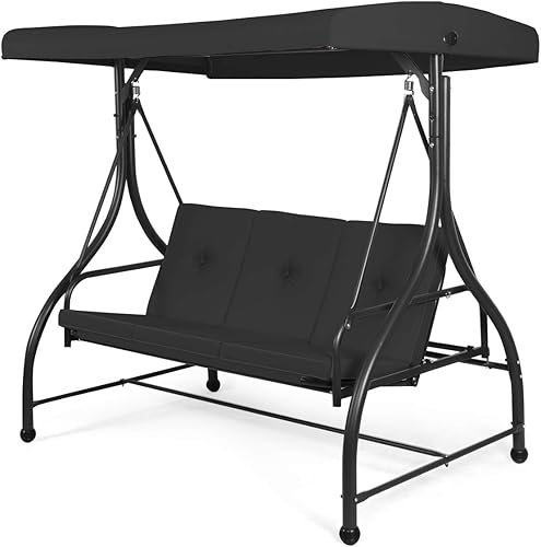 Tangkula Columpio de patio convertidor de 3 asientos, toldo de jardín para porche al aire libre con cómodos asientos acolchados y toldo de