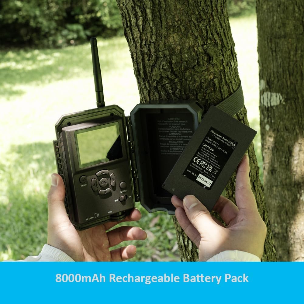 GardePro E8PWF trail camera with a smartphone displaying the camera's app interface