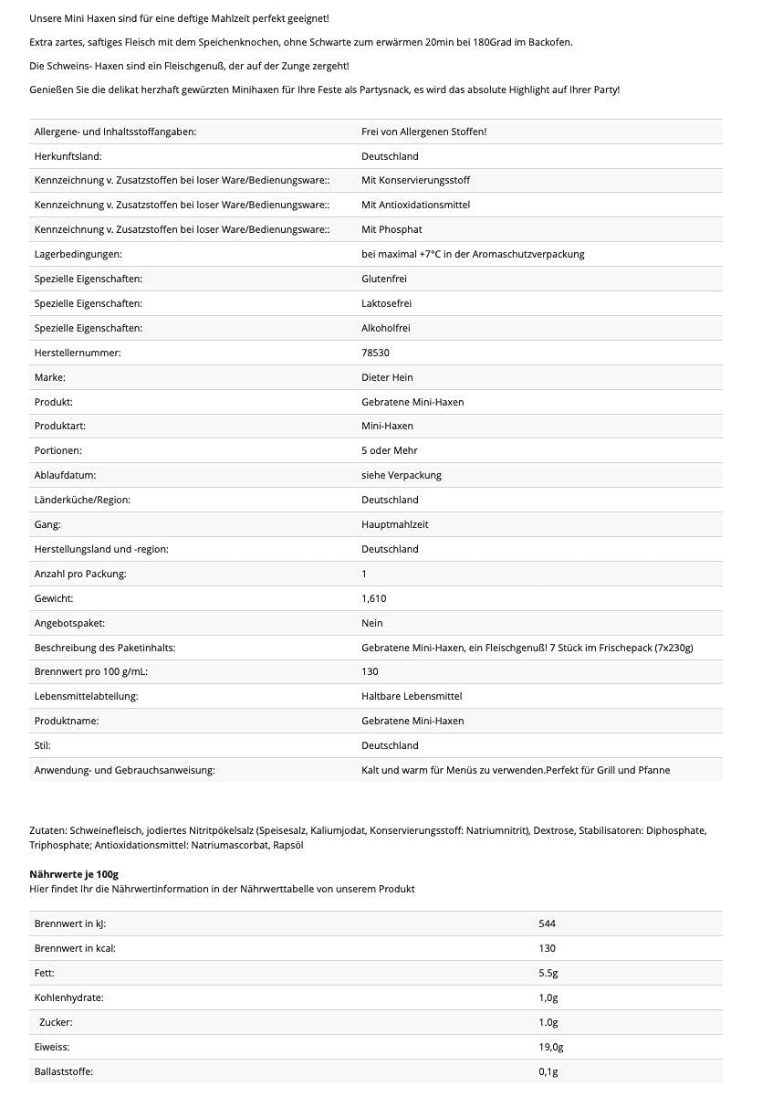 Dieter Hein Gebratene Gepökelte MiniHaxe am Speichenknochen 7x230g