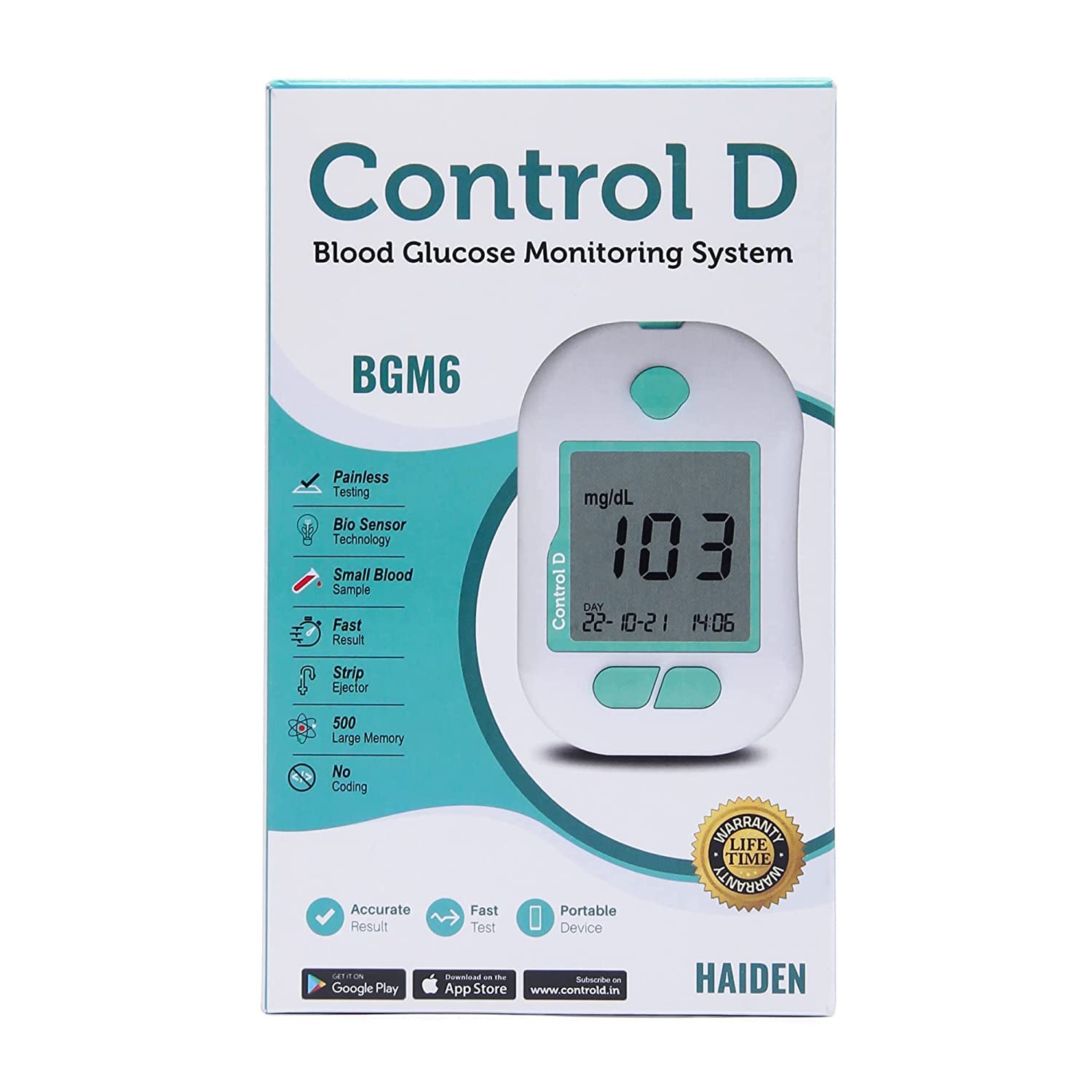 Control D Advanced Digital Diabetes Glucose Blood Sugar Testing Monitor with 50 Strips of Glucometer (White, Green) 3