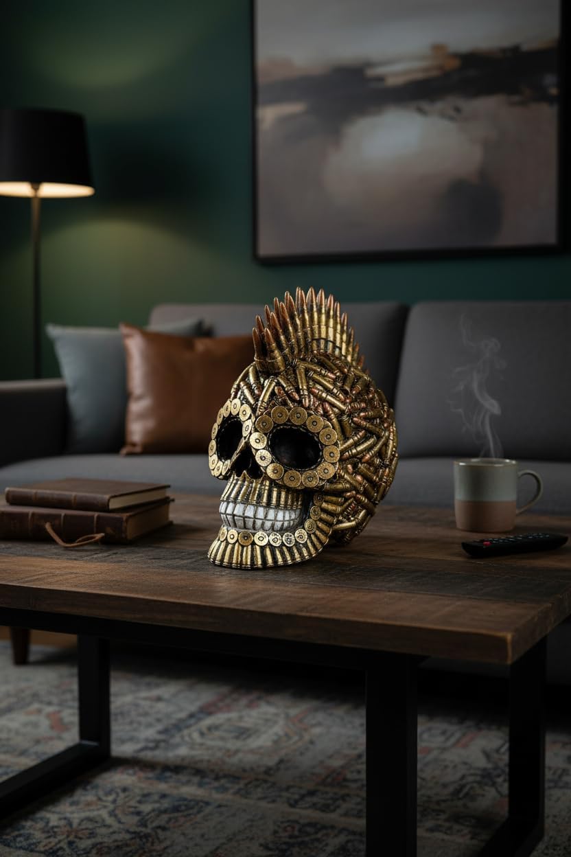 Urbalabs Billy Bullet Shells Steampunk Skull Mohawk Cartridge Casings Skull Statue Skeleton Head Figurine Hunting Skull Decor Bullet Art