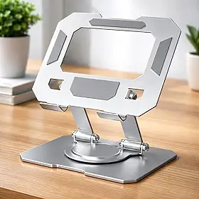 Suporte para Tablet em Aço Carbono Reforçado – Base 360°, Pedestal de Mesa Ajustável, Dobrável, Articulado e Antiderrapante com Alta Estabilidade