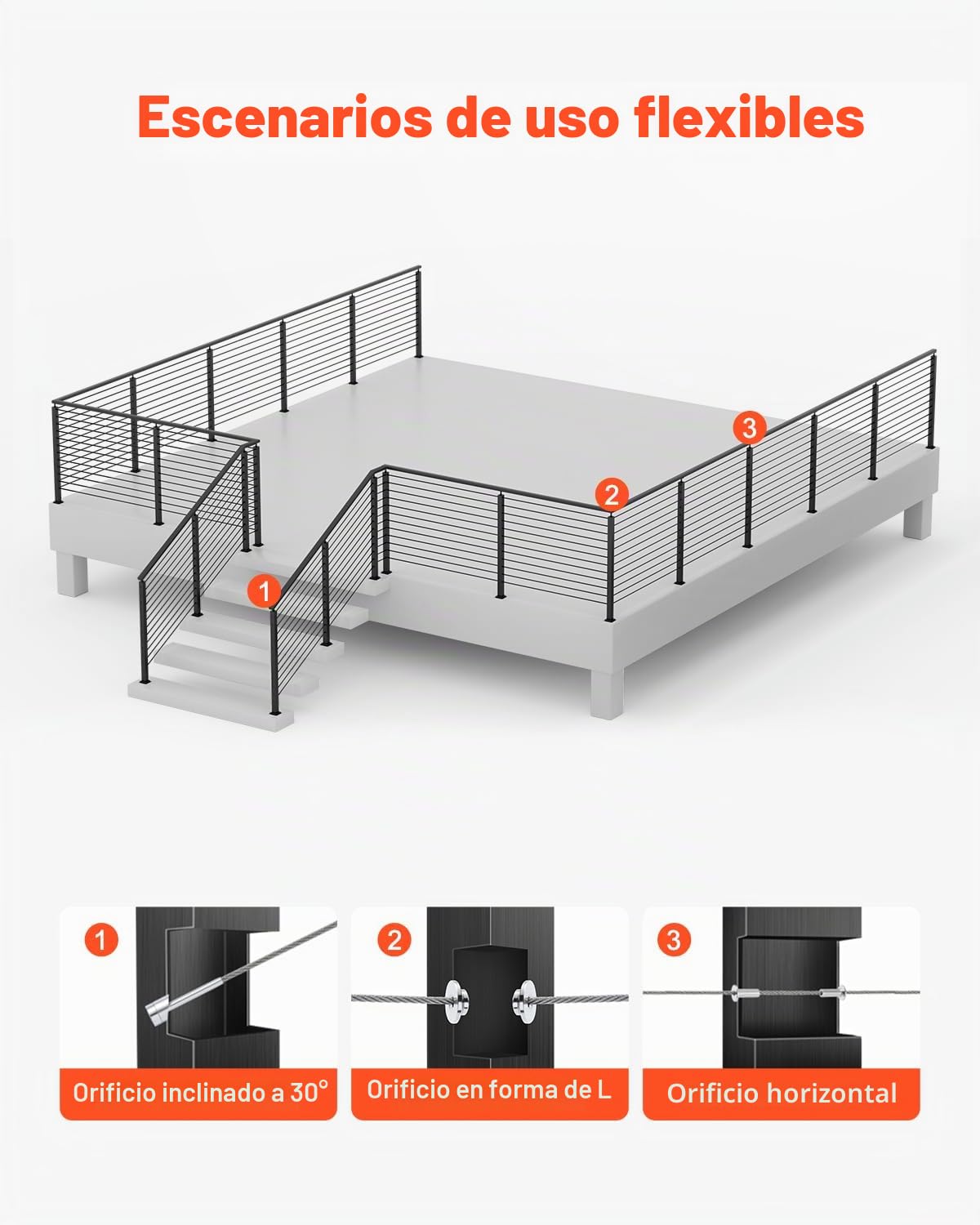 VEVOR Poste de Barandilla de Cable, 4 PCS Postes de Barandilla 106,7 x 5 x 5 cm Poste de Riel de Cable de Acero Inoxidable SUS304 con Soporte Horizontal y Curvo, Negro, 4JZLGZXHS106URZU0001V0