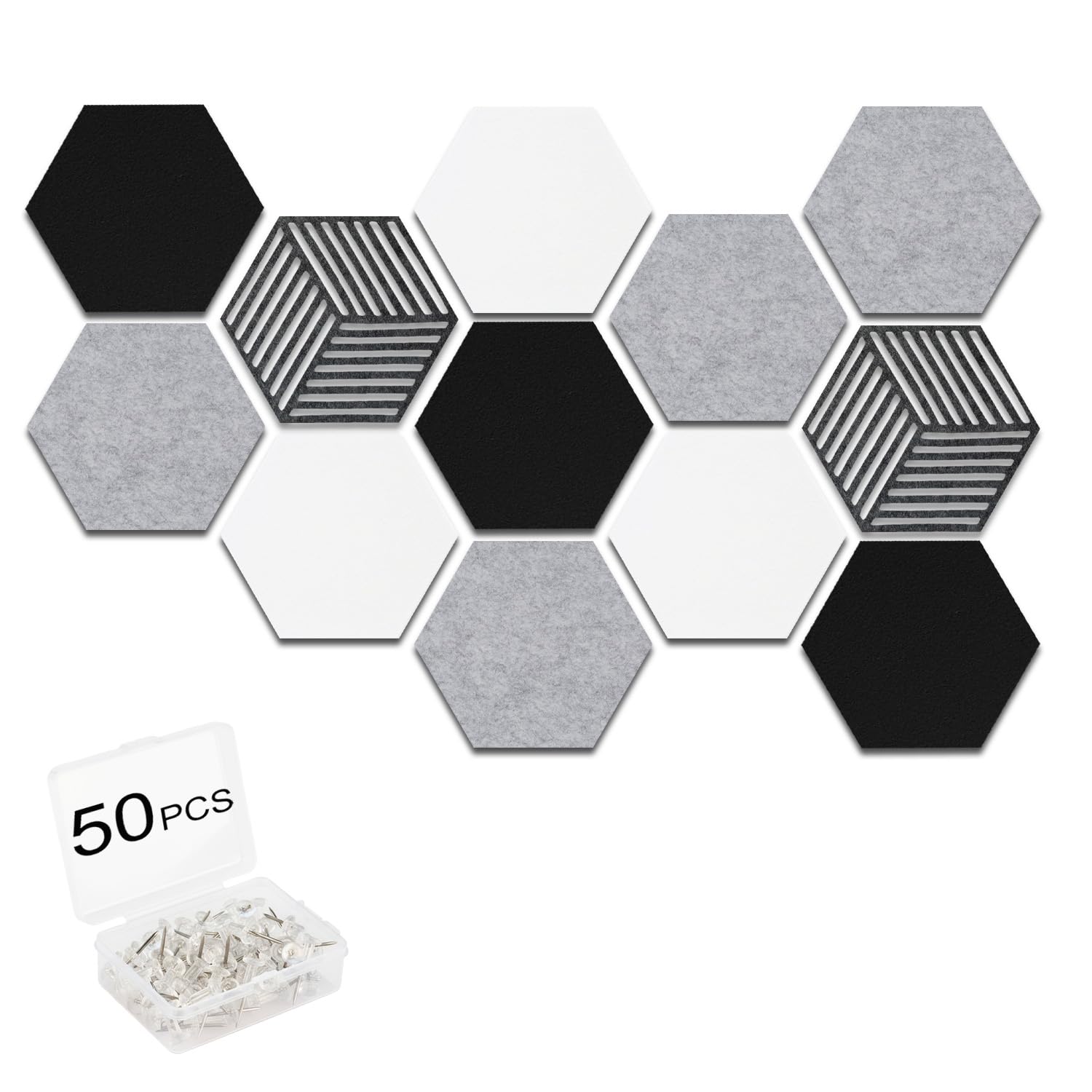 Acidea 12Pcs Hexagon Felt Cork Boards for Walls, Self Adhesive DIY Felt Bulletin Board Tiles with 50 Push Pins, Vision Board for Office School Home Wall Decor Stickers Photos Display Memos
