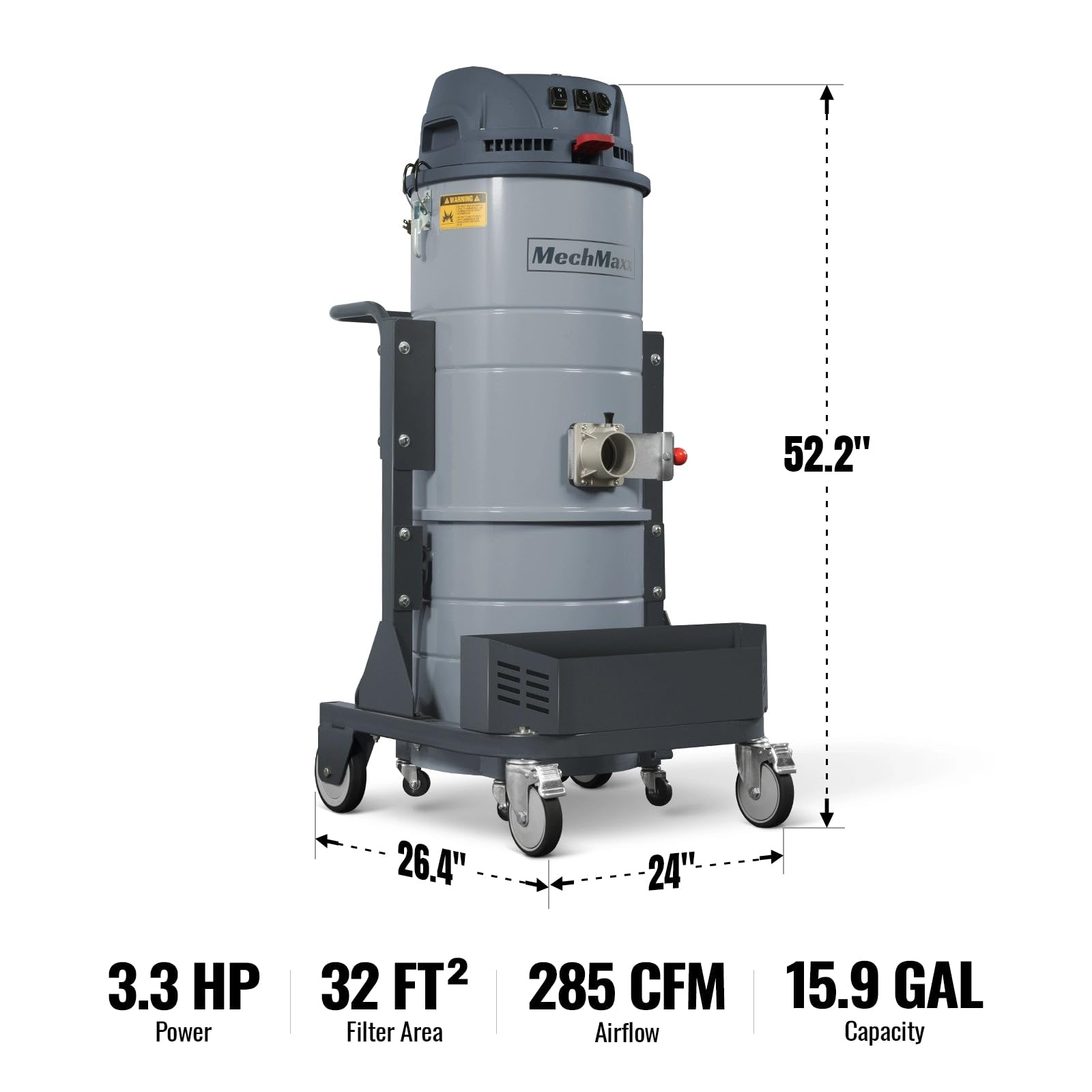 MechMaxx Industrial Wet/Dry Vacuum Cleaner with HEPA Filter Three Motor 3.3 HP 285 CFM 16 Gallon - 110V 1 Phase, IVA3M