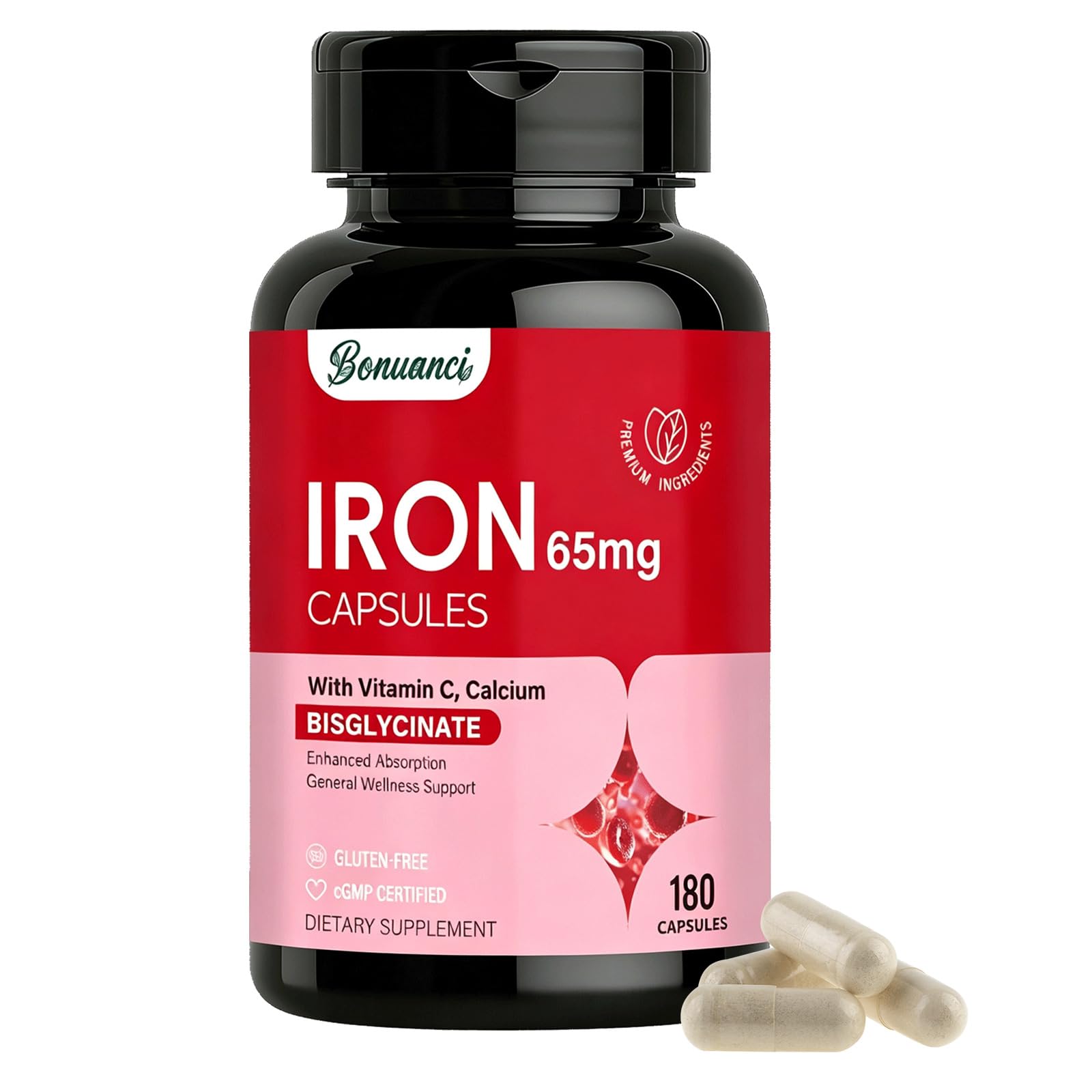 Bonuanci Suplemento de Ferro Bisglicinato 65 mg com Vitamina C 60 mg, Extrato de Spinacia 100 mg, 180 cápsulas