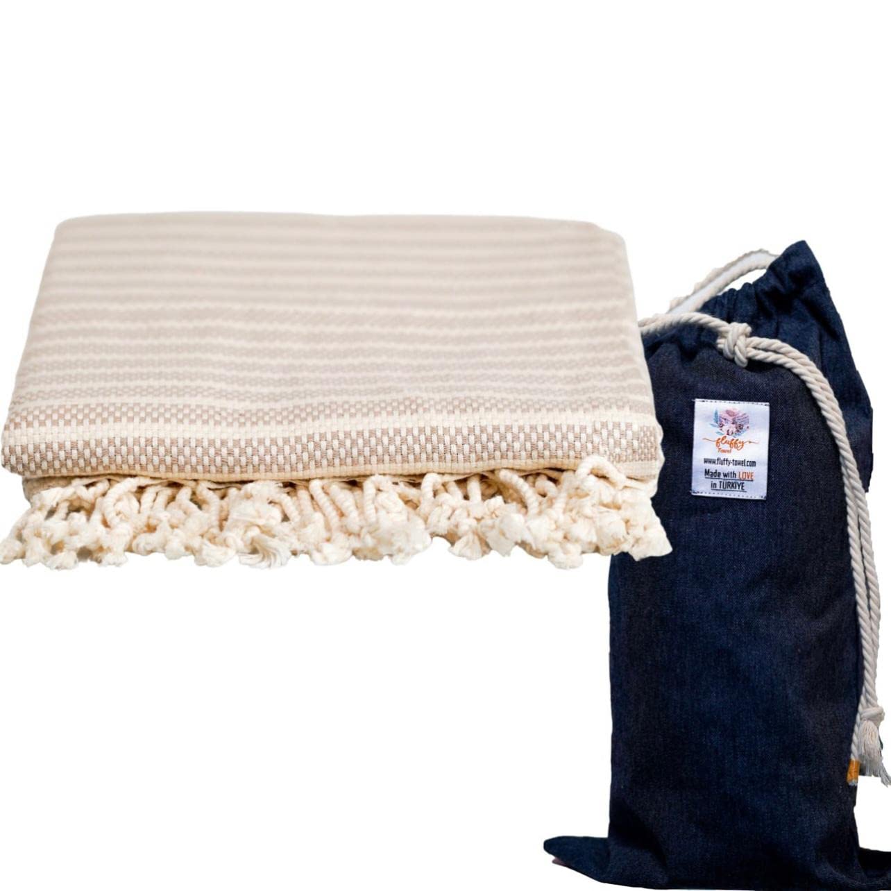 American Fluffy Towel Peshtemal Cotton Beach Towel with Travel Bag, Oversized 40”x70” Inches | Peshtemal and Turkish Bath Towel for Beach, Pool, Gym, Picnic, SPA, and Bathroom - Suitable Gift (Brown)