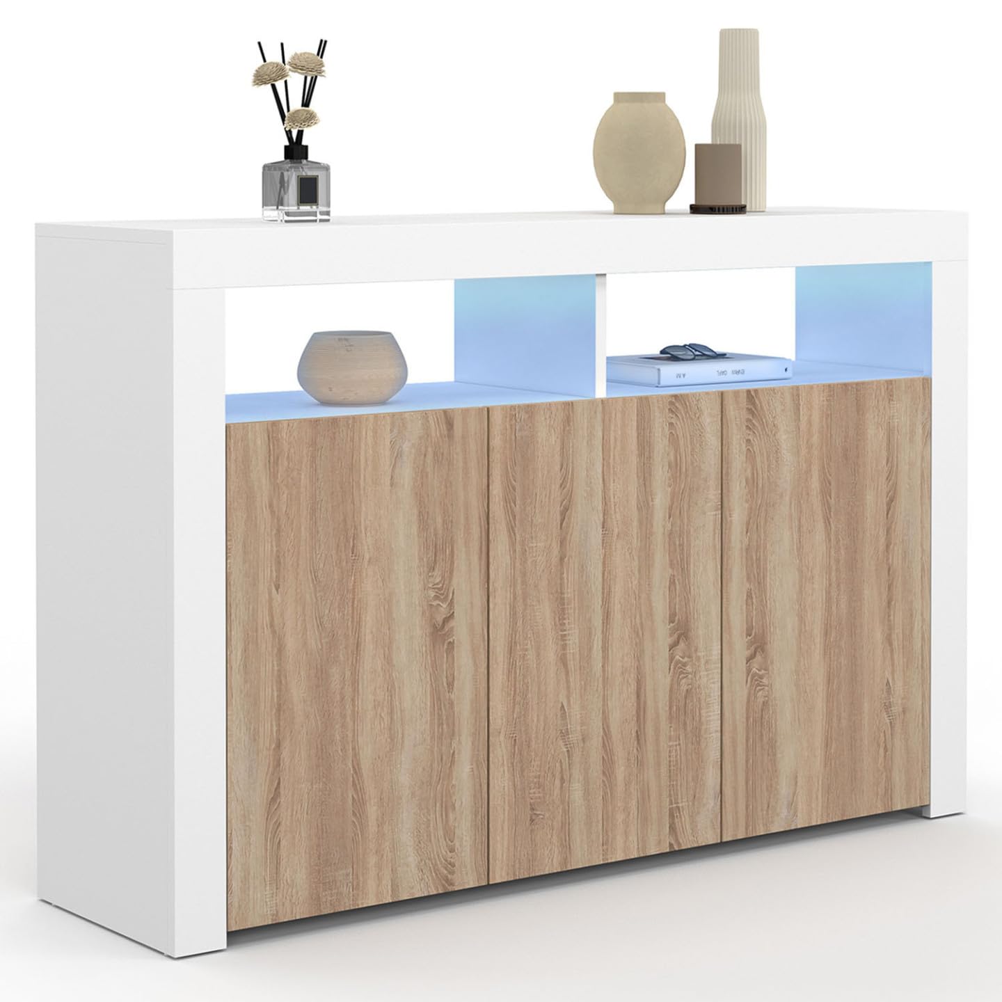 IDMarket ELIGHT - Aparador de 110 cm, 3 puertas con LED y nichos blanco y madera de haya
