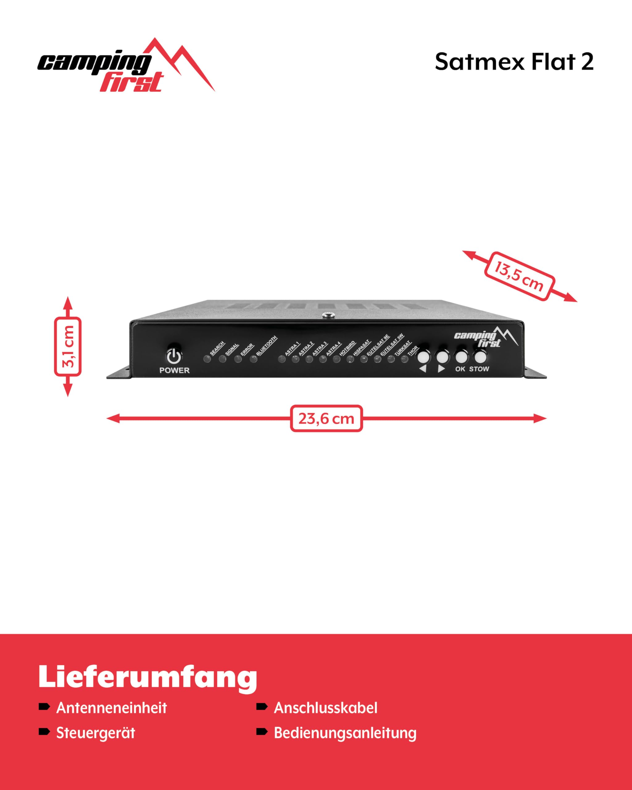 Satmex Flat 2 – Vollautomatische Camping-Antenne (Satelliten-Antenne, für 2 TVs/Receiver, für Caravan und Wohnmobil, Skew-Funktion) – Weiß