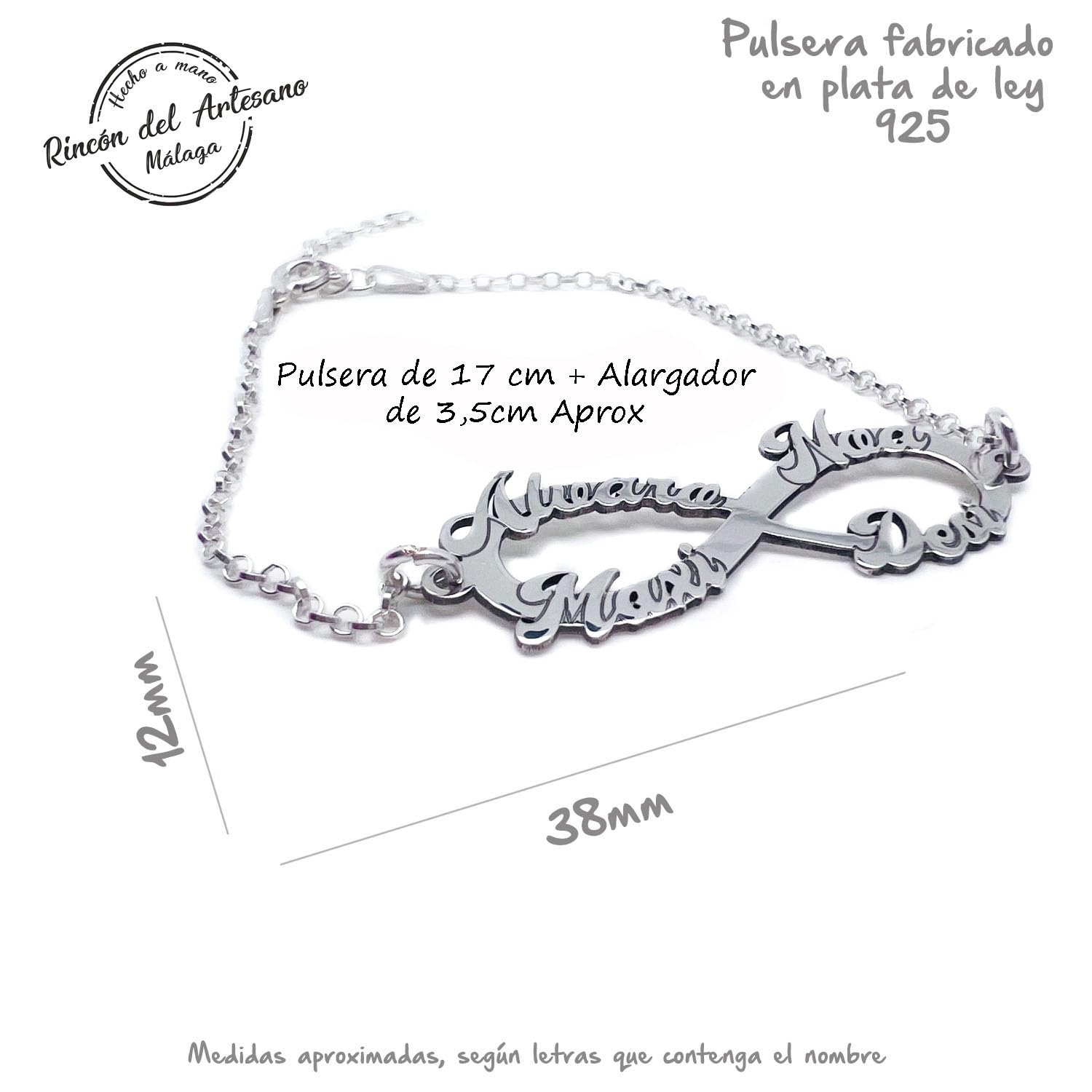 Pulsera Infinito Personalizada para Mujer con 4 Nombres – Plata de Ley 925/1000 – Medidas: 38x12mm - Hecha a Mano en Málaga – Regalo Día de la Madre y Navidad Modelo 2025