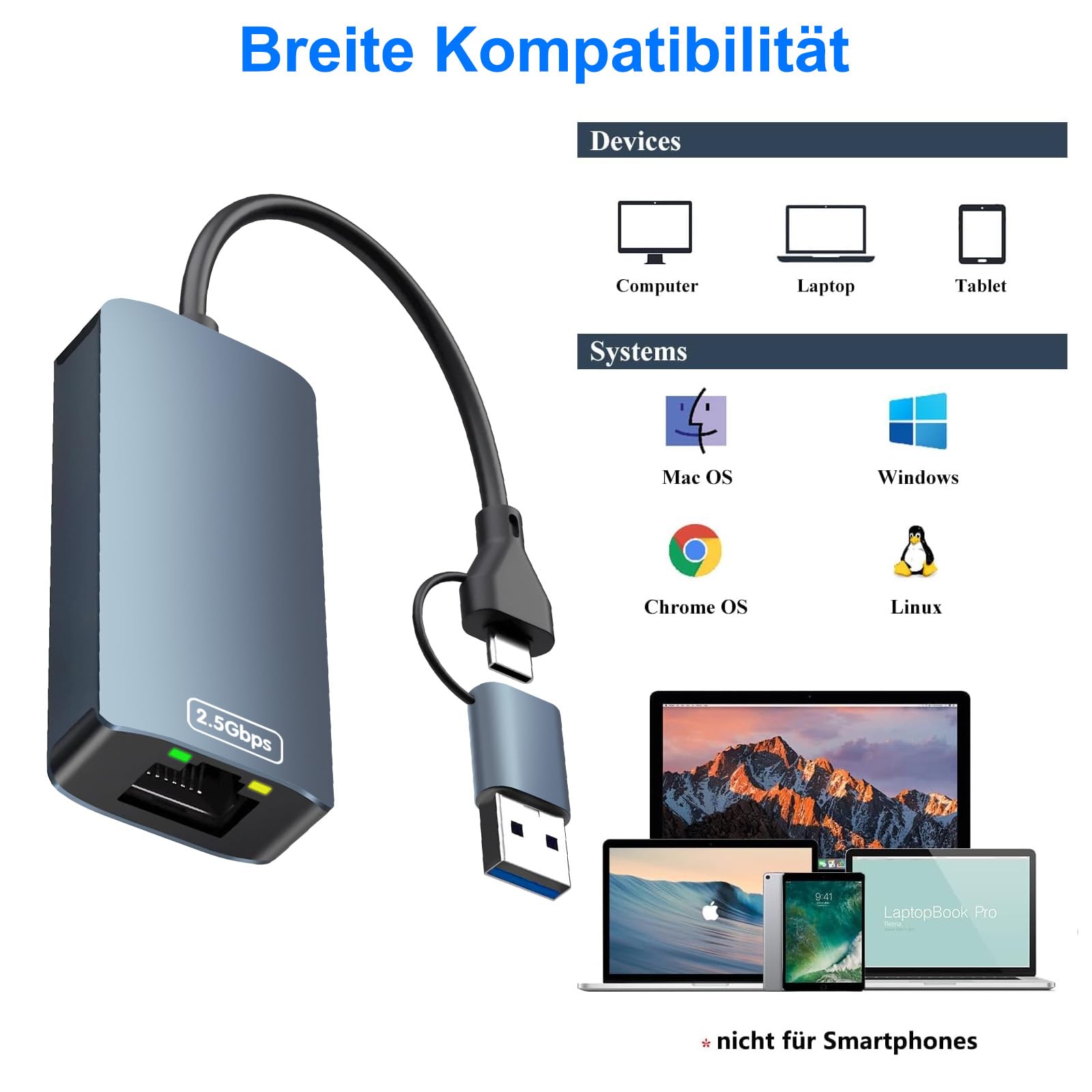 Adattatore Ethernet USB-C/A 5Gbps Con Chip RTL8157 | Scheda Di Rete RJ45 Per PC E Laptop Fino A 5G
