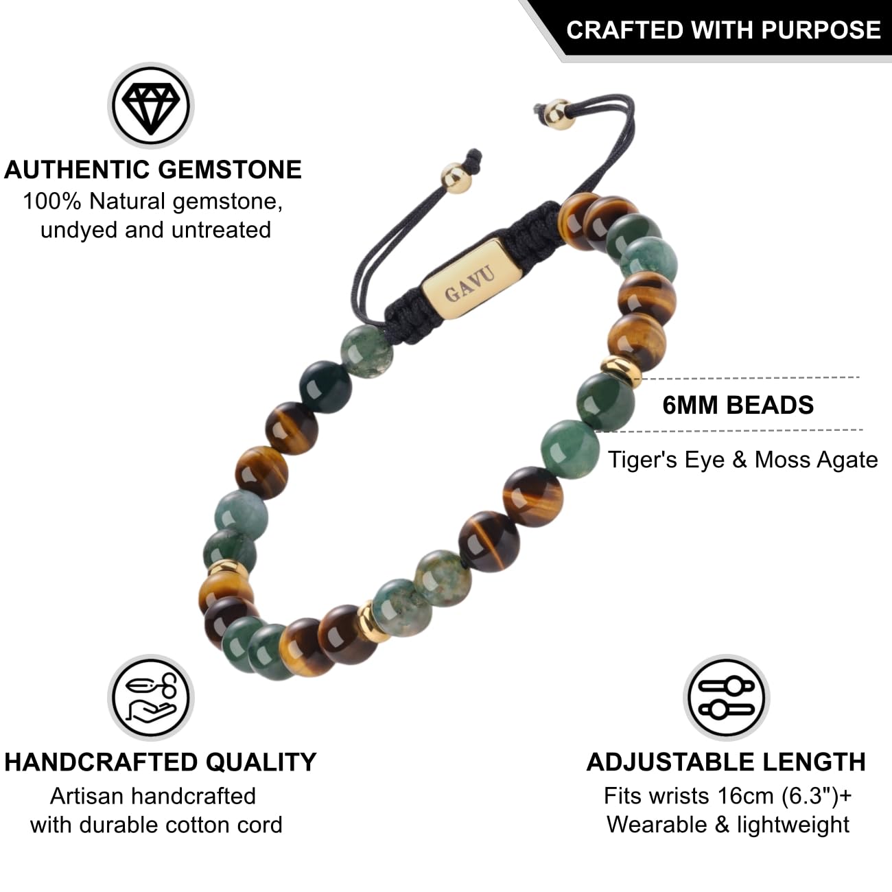 GAVU Bracelet Œil de Tigre Homme, Bracelet Pierre Naturelle Homme, Cordon Réglable Fait Main, 16cm/17cm/19cm