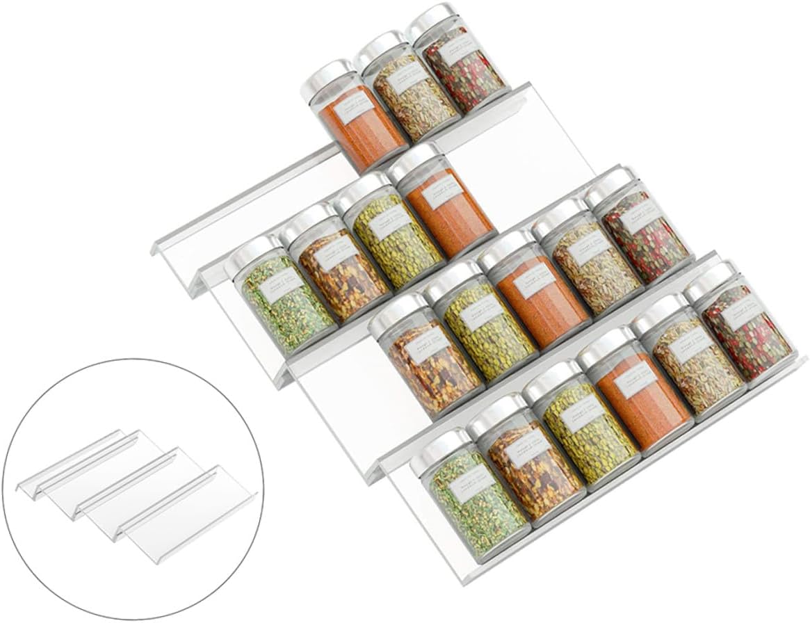 Expandable Acrylic Spice Bottle Rack Drawer Organizer Tiered Seasoning Storage for Kitchen Countertop