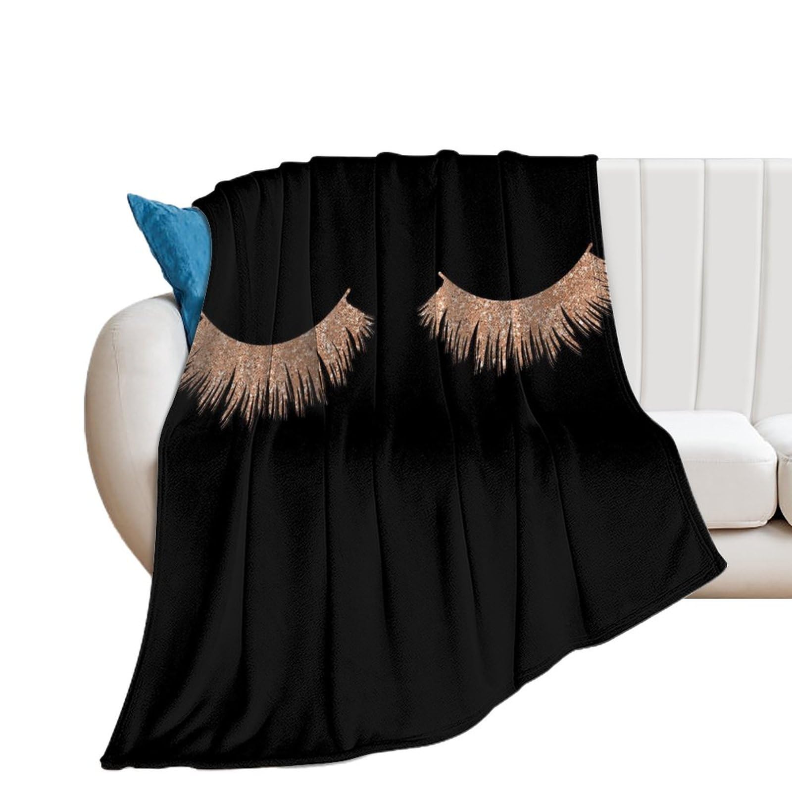 Manta de felpa para maquillaje de pestañas, color negro, elegante, suave y acogedora manta de franela para todas las estaciones para sofá cama, 60 x 80 pulgadas